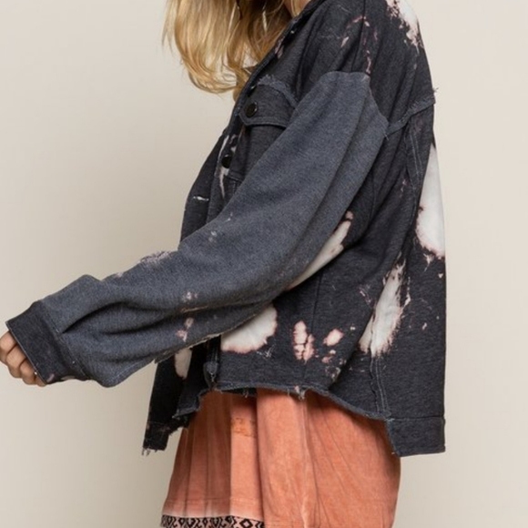 Black Tie Dye French Terry Jacket w/ Distressing - Picture 2 of 5